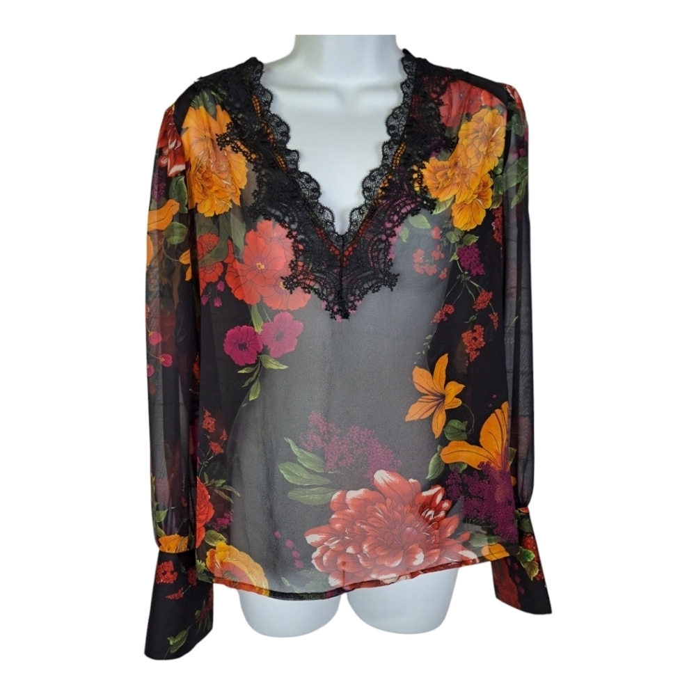 Guess by Marciano Floral Sheer Blouse with Lace Trim